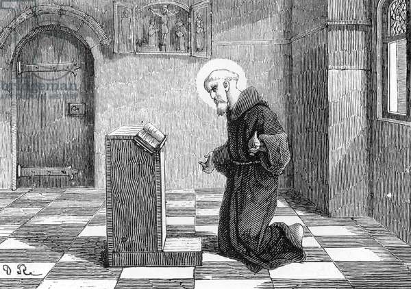 Black and white drawing of the Venerable Bede kneeling in prayer in a church