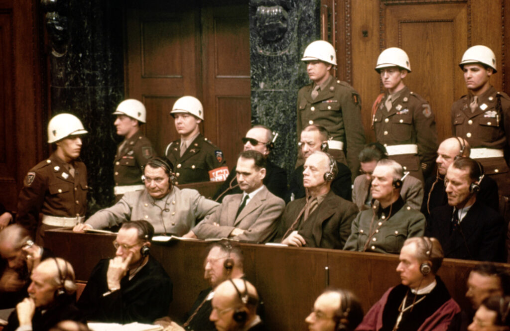 colour photograph on Nazi defendants on trial in Nuremberg