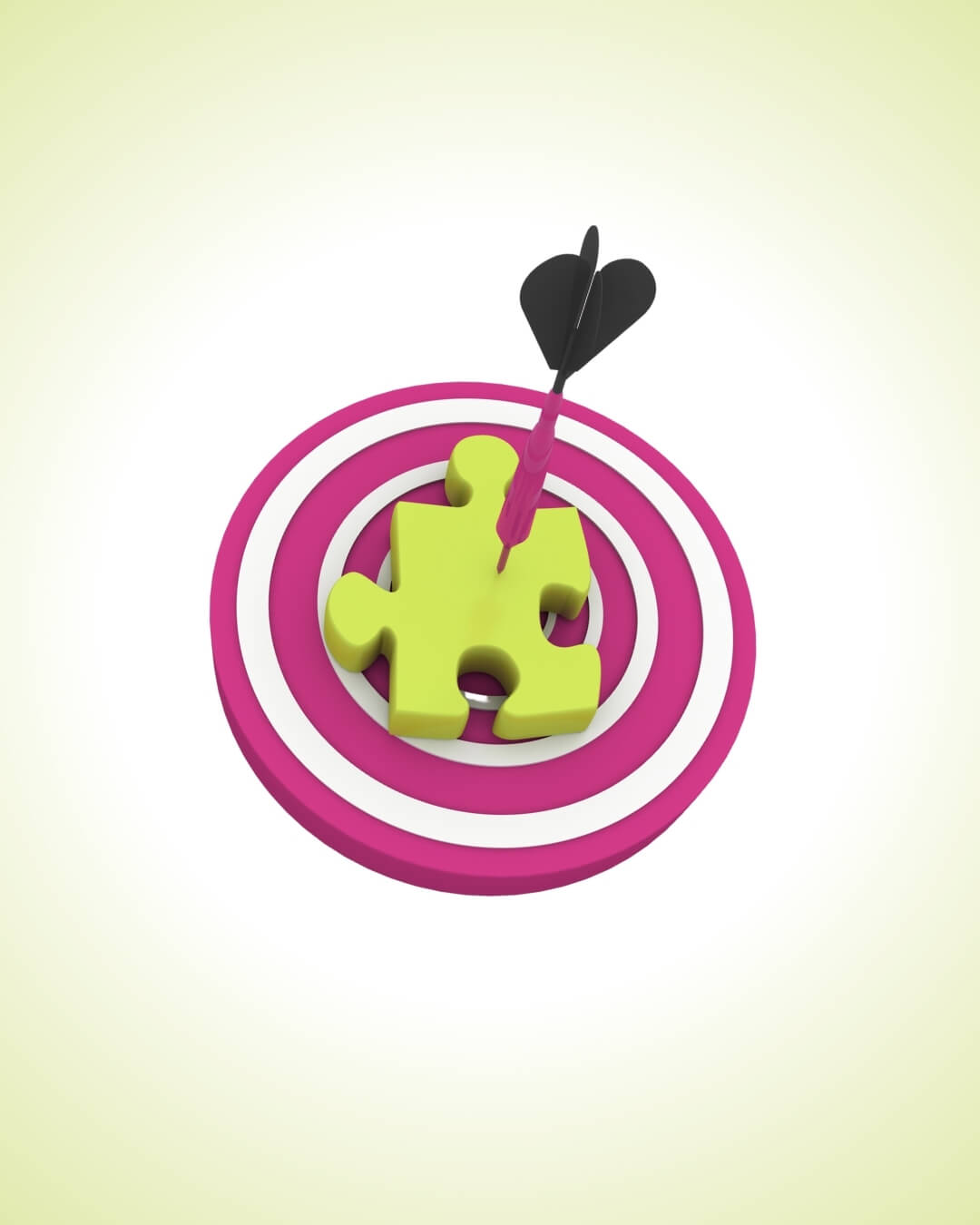 Magenta dart hitting a green puzzle piece centered on a bullseye target, symbolizing the perfect fit hire.